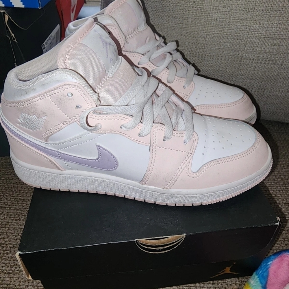 Nike Air Jordan 1 Mid Pink & White Sneakers- Size 5Y